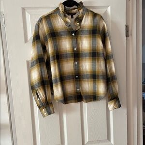 Plaid Button-Up Shirt with ruffle collar - green, white, black, gray - like new